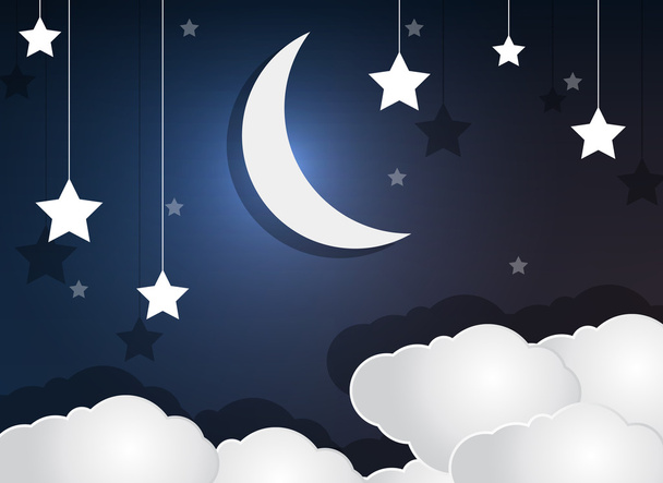 Paper cloud crescent moon and stars in the night sky - Vetor, Imagem