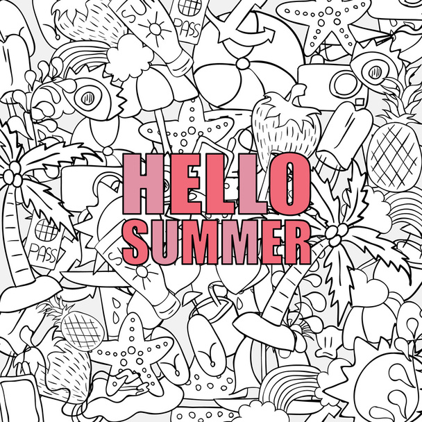Γεια σας καλοκαίρι παραλία χέρι διανυσματικά σύμβολα και αντικείμενα - Διάνυσμα, εικόνα