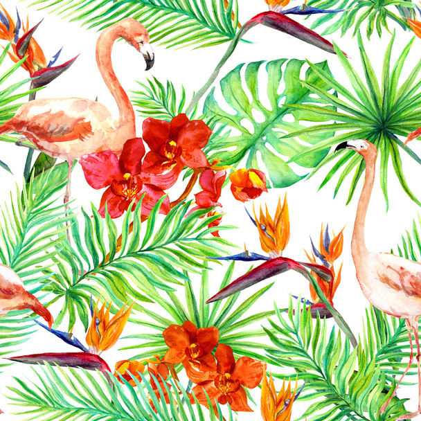 Flamingo, tropical leaves and exotic flowers. Seamless jungle pattern. Watercolor - Foto, immagini