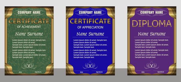 Certificaat van prestatie, waardering, diploma verticale sjabloon. Set groen, blauw, paars.  - Vector, afbeelding