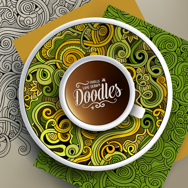 Φλιτζάνι καφέ και το χέρι που μπούκλες doodles φύση - Διάνυσμα, εικόνα
