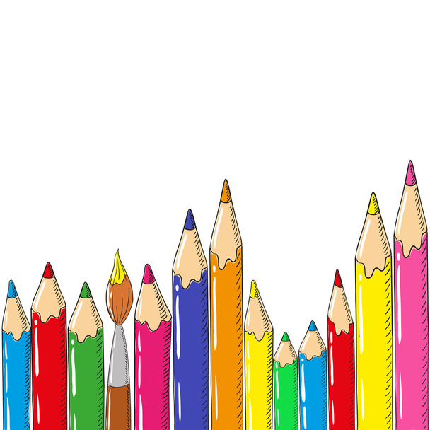 Back to school. Background with colored pencils and brush on a white background. - Vector, Image