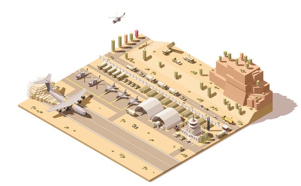 Vektorisometrisches Low-Poly-Infografik-Element, das die Karte eines Militärflughafens oder Luftwaffenstützpunktes mit Kampfjets, Hubschraubern, gepanzerten Fahrzeugen, Strukturen, Kontrollturm und Landung von Frachtflugzeugen darstellt - Vektor, Bild