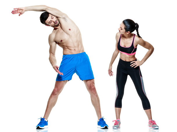 couple man and woman fitness exercises isolated - Zdjęcie, obraz