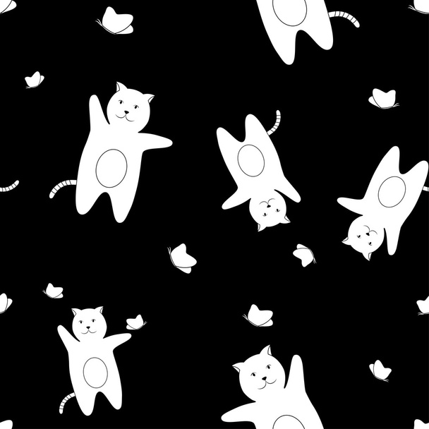 Рисунок белых кошек с бабочками на черном фоне
 - Вектор,изображение