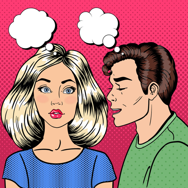 Man Whispering Something to his Girlfriend. Happy Couple. Pop Art - Vector, Image