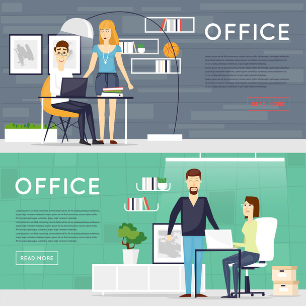 Business cartoon characters. Office workplace banners - Вектор,изображение