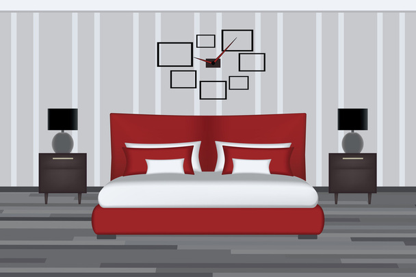 寝室の図。ベッド、サイド テーブル、ランプが標高部屋。Yout インテリア デザインのための家具セット . - ベクター画像