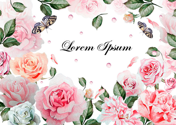 Όμορφη κάρτα ακουαρέλα με τριαντάφυλλα λουλουδιών. Πεταλούδες και φυτά. - Φωτογραφία, εικόνα