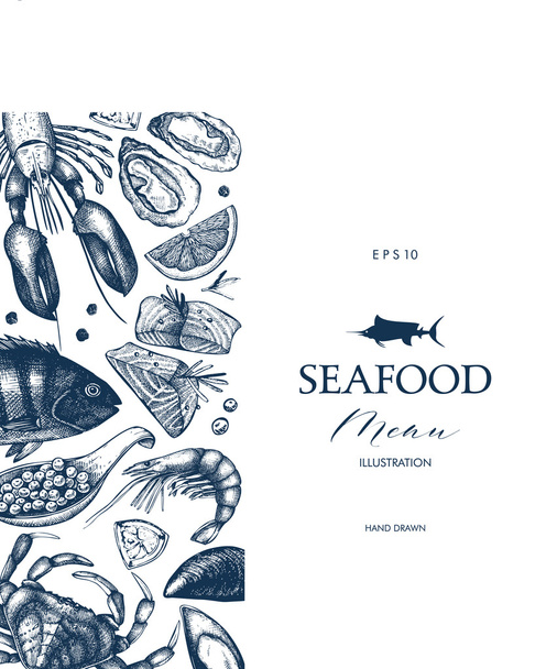 Frame with hand drawn seafood  - Vector, Image