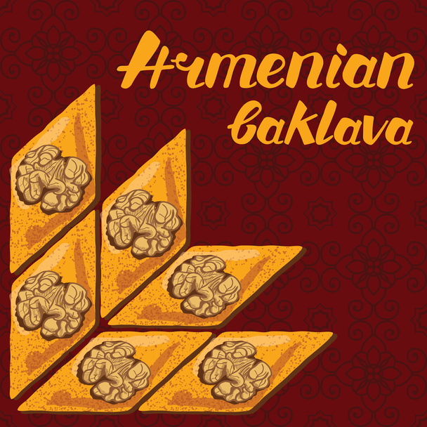 Baklava ist das beliebteste Dessert in Armenien, Vektorillustration von Baklava mit traditionellem Muster. Lebensmittelillustration für Design, Speisekarte, Café-Werbetafel. Handschriftliche Beschriftung. - Vektor, Bild