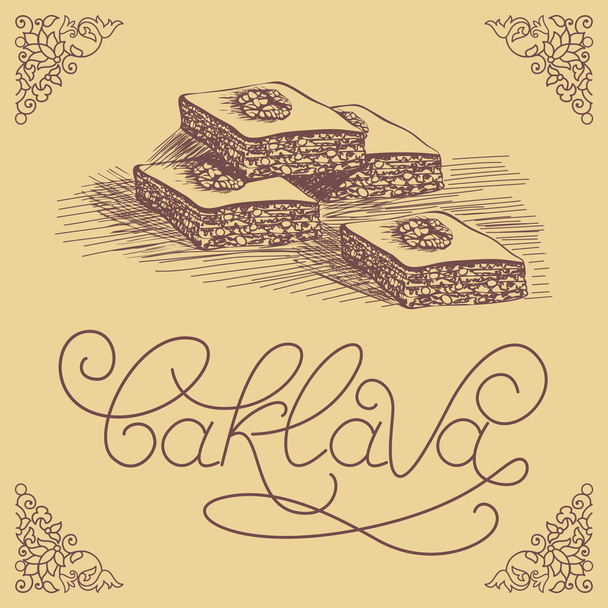 Baklava est la pâtisserie sucrée d'Asie, illustration vectorielle de baklava avec un motif traditionnel. Illustration alimentaire pour design, menu, panneau d'affichage de café. Lettrage manuscrit. Croquis
 - Vecteur, image