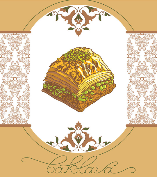 Baklava ist die beliebteste Süßspeise in der Türkei, Vektorillustration von Baklava mit Pistazien. Lebensmittelillustration für Design, Speisekarte, Café-Werbetafel. Handschriftliche Beschriftung. - Vektor, Bild