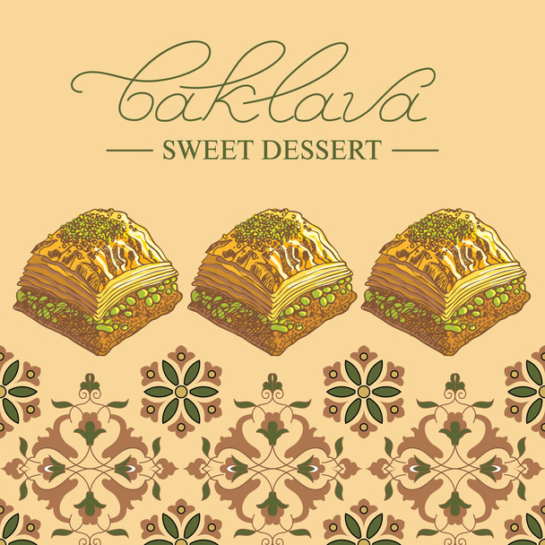 Baklava es el postre dulce más popular en Turquía, vector de ilustración de baklava con los pistachos. Ilustración de alimentos para diseño, menú, cartelera de café. Letras manuscritas
. - Vector, imagen