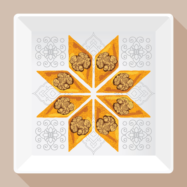 Baklava es el postre más popular en Turquía, ilustración vectorial de baklava en un plato blanco cuadrado con un patrón tradicional. Ilustración de alimentos para diseño, menú, cartelera de café
. - Vector, Imagen
