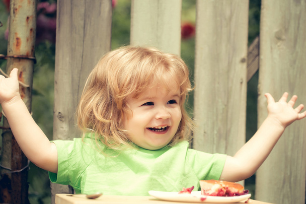 small boy eating pie near wooden fence - Zdjęcie, obraz