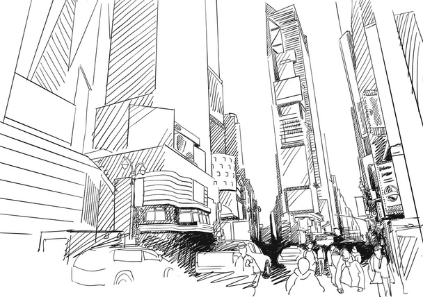 タイムズスクエア、ニューヨーク市。手描きのベクトル アウトライン スケッチ - ベクター画像