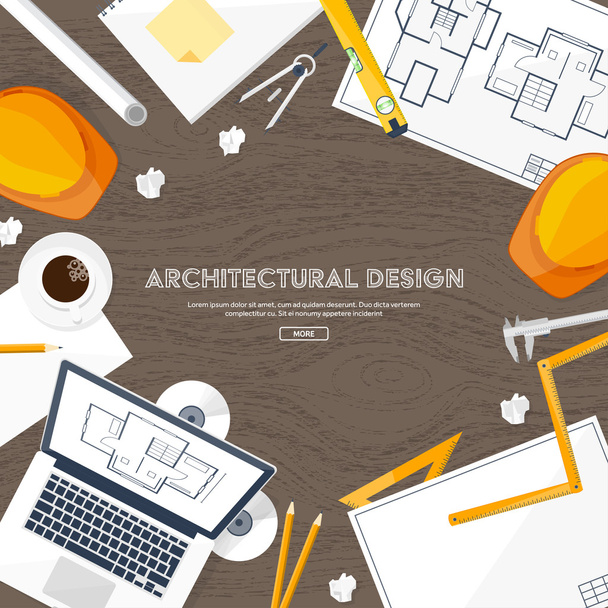 Vector illustration. Engineering and architecture. Drawing, construction. Architectural project. Design, sketching. Workspace with tools. Planning, building. - Vector, Image