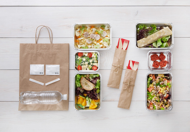 Egészséges étel eltesz dobozok, felülnézet, fa - Fotó, kép