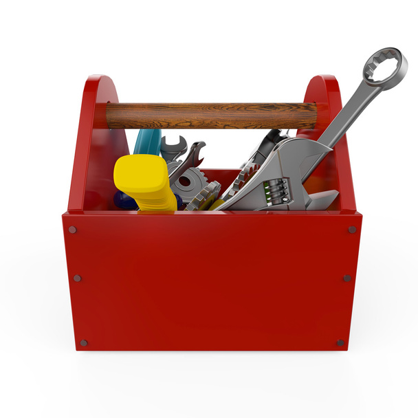 Red toolbox with tools. Sckrewdriver, hammer, handsaw and wrench. Under construction, maintenance, fix, repair, premium service. High quality render, isolated. - Foto, Bild