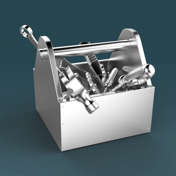 Metal toolbox with tools. Screwdriver, hammer, spanner and wrench. Under construction, maintenance, fix, repair, premium service. High quality render, isolated. - Foto, afbeelding