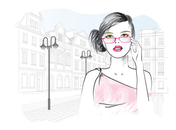 femme en lunettes sur le fond de la ville
.  - Vecteur, image