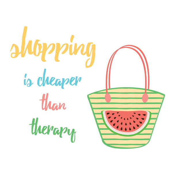Vector typography poster with bag and emotional quote. Shopping is better than therapy. - Vector, Image