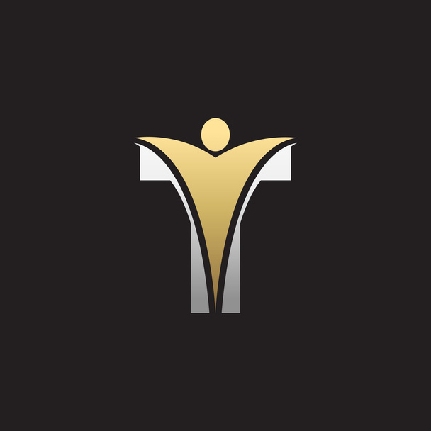 T inicial alfabeto letra logo con swoosh hombre, plata oro negro fondo
 - Vector, imagen