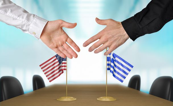 Stany Zjednoczone i Grecja dyplomatów drżenie rąk do uzgodnienia deal, część renderowania 3d - Zdjęcie, obraz