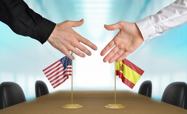 Stanów Zjednoczonych i Hiszpanii dyplomaci drżenie rąk do uzgodnienia deal, część renderowania 3d - Zdjęcie, obraz