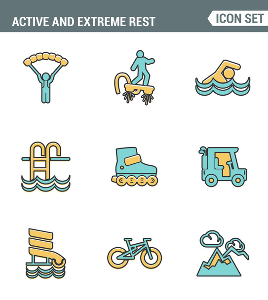 Icons line set premium quality of active and extreme rest holiday weekend sports hobby life style. Modern pictogram collection flat design symbol . Isolated white background - Vektör, Görsel