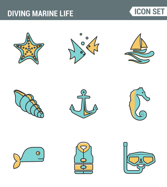 Icons line set premium quality of diving marine life activity sea tropical summer diver equipment. Modern pictogram collection flat design style symbol . Isolated white background - Вектор, зображення