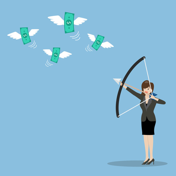 Business woman with a bow and arrow hitting the money fly - Vector, Image