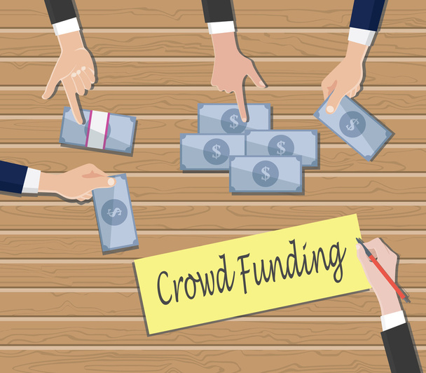 concetto di crowdfunding con le persone mano dare denaro in contanti in cima alla tabella grafica vettoriale
 - Vettoriali, immagini
