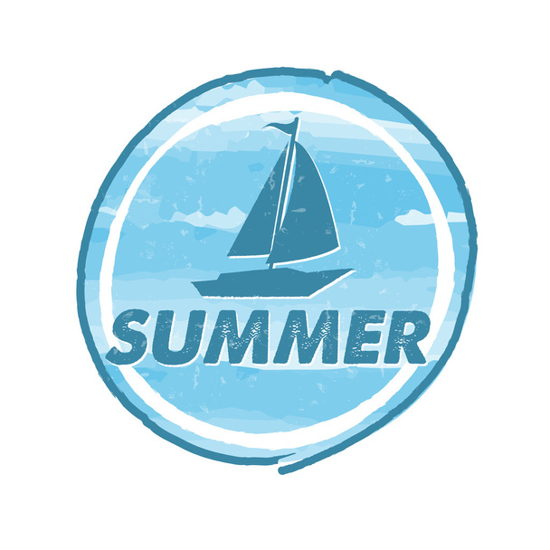 summer with blue boat, grunge drawn circle label, vector - Vector, Image
