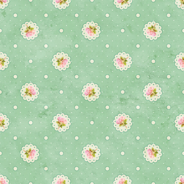Vintage green seamless pattern with hydrangea watercolor flower and dots - Photo, Image