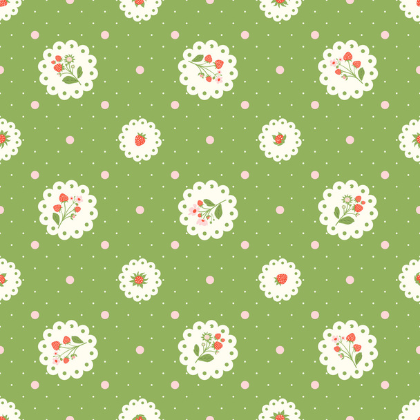 Vintage green vector seamless pattern with strawberries and polka dots - Vector, Image