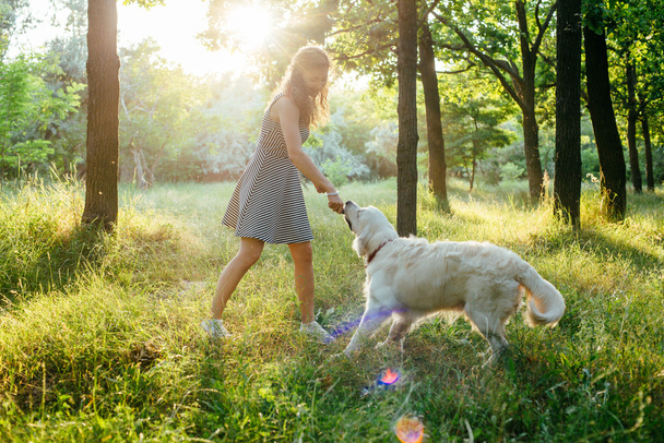 girl playing with dog in park - Foto, afbeelding