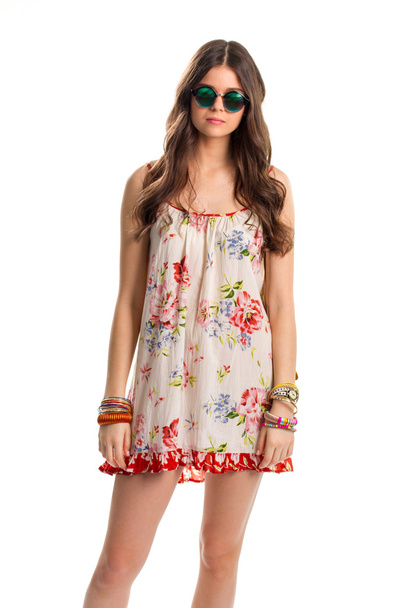 Lady wears white floral dress. - Photo, Image