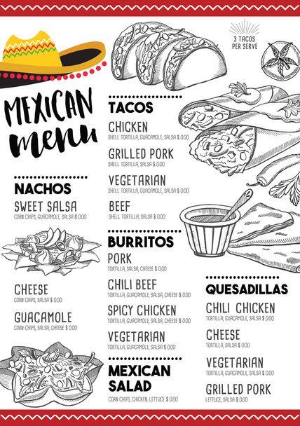Mexické menu Placemat potravinářský Restaurant  - Vektor, obrázek