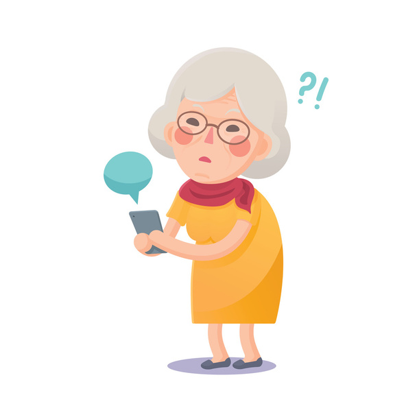 Verwirrte Oma mit Smartphone - Vektor, Bild
