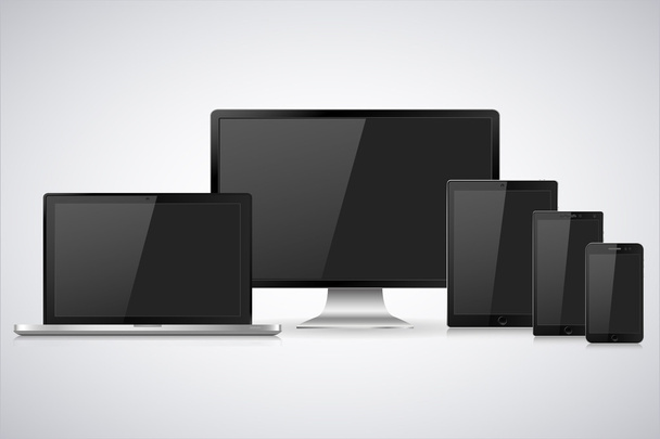 Ilustración vectorial monitor moderno, portátil, tableta y teléfono móvil con pantalla blanca vacía. Varios aparatos electrónicos modernos aislados sobre fondo blanco. Ilustración vectorial EPS10
 - Vector, Imagen