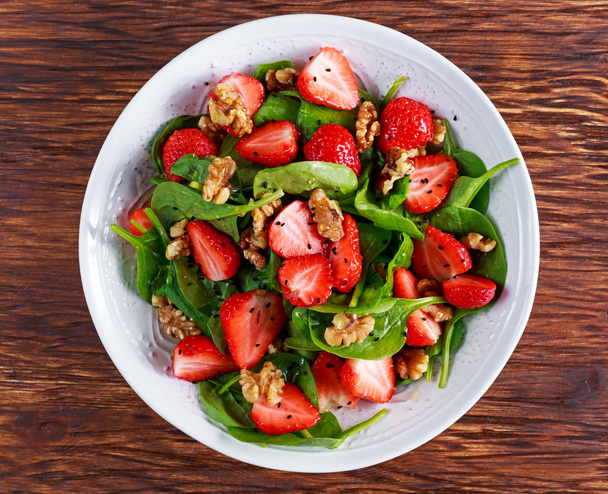 Summer Fruit Vegan Spinach Strawberry nuts Salad. concepts health food - Photo, Image