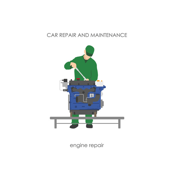 Mechanic in overalls repairing car engine - Vector, Image