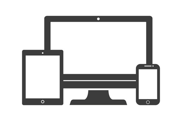 デバイスアイコン:隔離されたスマートフォン、タブレット、デスクトップコンピュータ。レスポンシブウェブデザインのスタイリッシュなベクトルイラスト. - ベクター画像