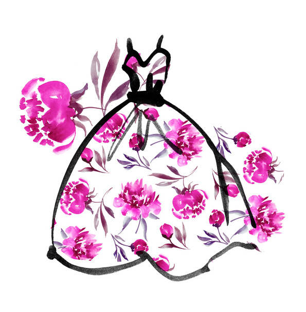 Fancy Dress met bloemmotief. aquarel en inkt schets - Foto, afbeelding