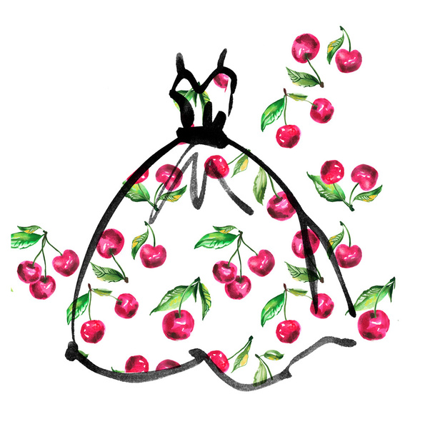 Fancy Dress met bloemmotief. aquarel en inkt schets - Foto, afbeelding