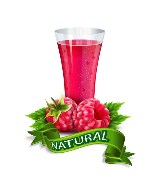 glass of juice with raspberries and ribbon - Vektor, kép