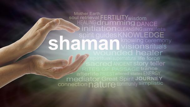Shaman word cloud and healing hands - Photo, Image