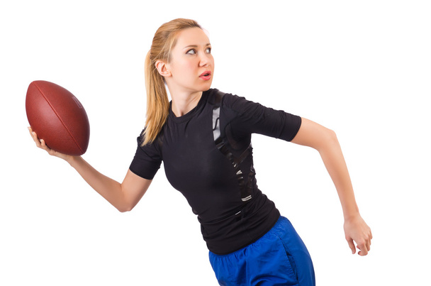 Woman with american football isolated on white - Zdjęcie, obraz